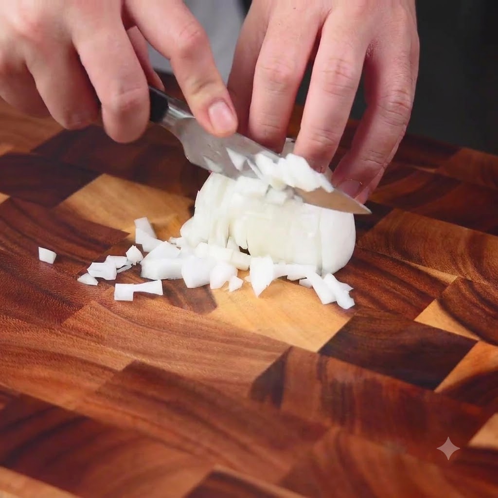 Eine Zwiebel wird auf einem Holzschneidebrett sorgfältig mit einem Kochmesser geschnitten und gewürfelt.
