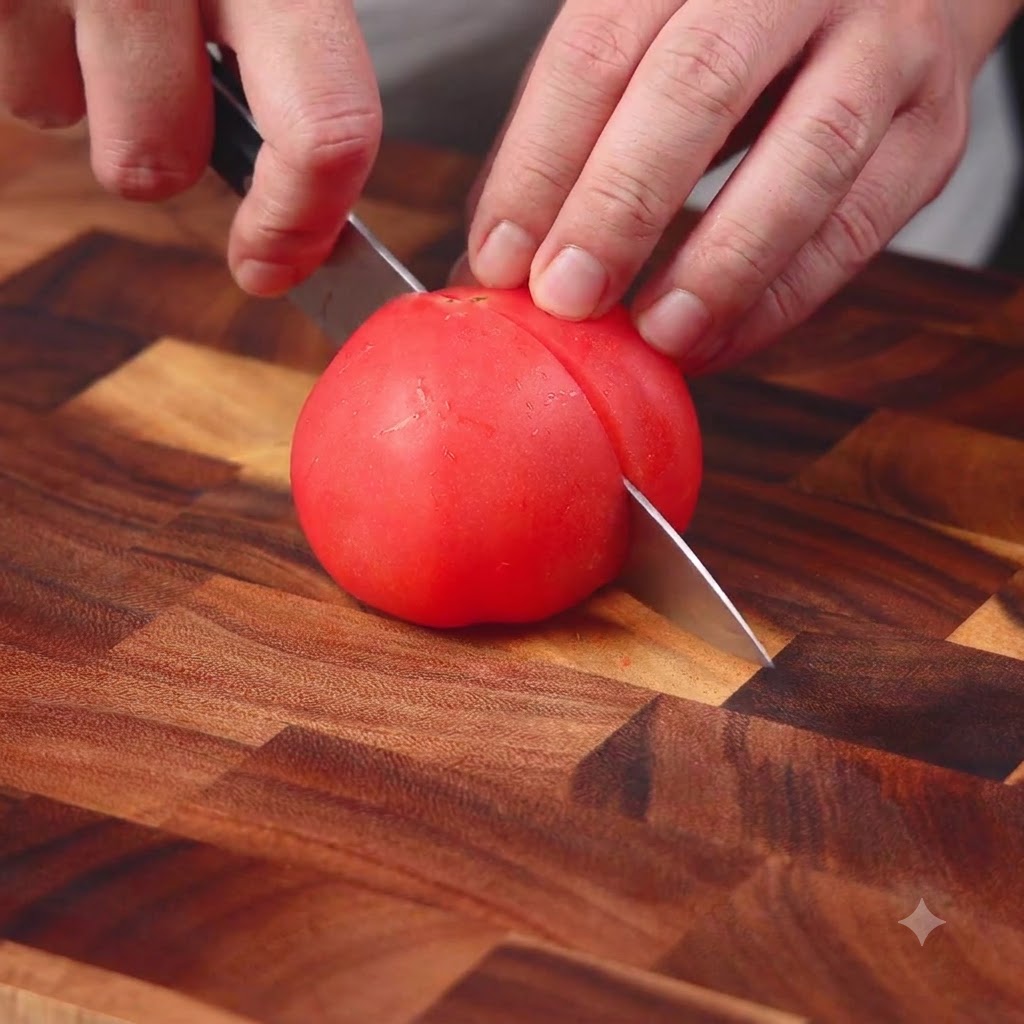 Eine frische rote Tomate wird auf einem Holzschneidebrett aufgeschnitten.