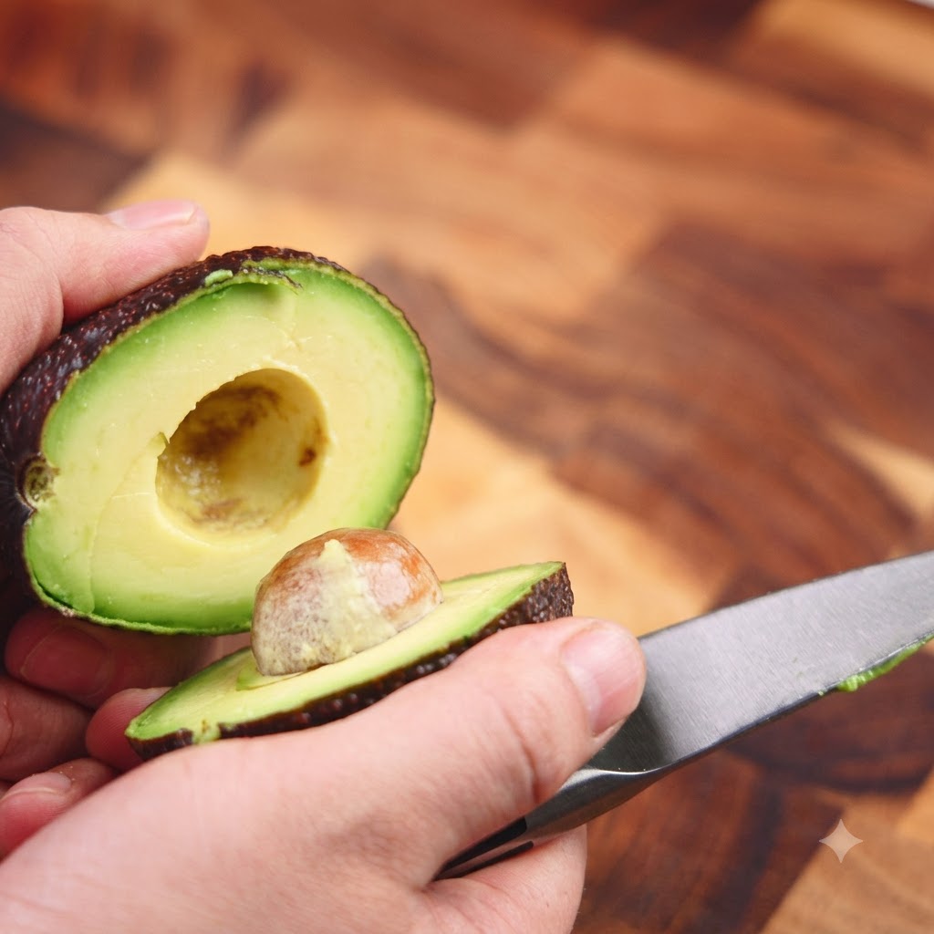 Eine halbierte Avocado mit sichtbarem Kern wird über einer Holzoberfläche gehalten.