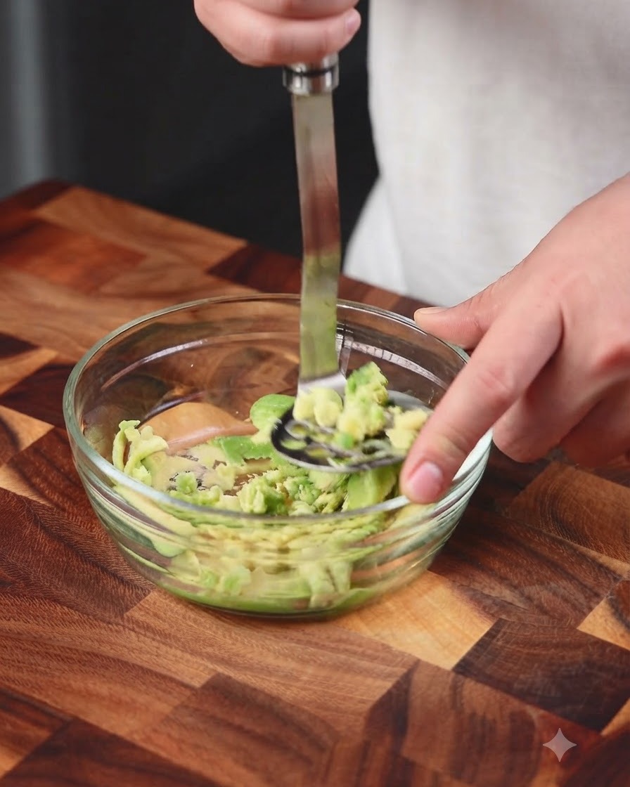 Zitronensaft wird mit einem Kartoffelstampfer aus Metall in eine Schüssel mit zerdrückter Avocado gepresst.