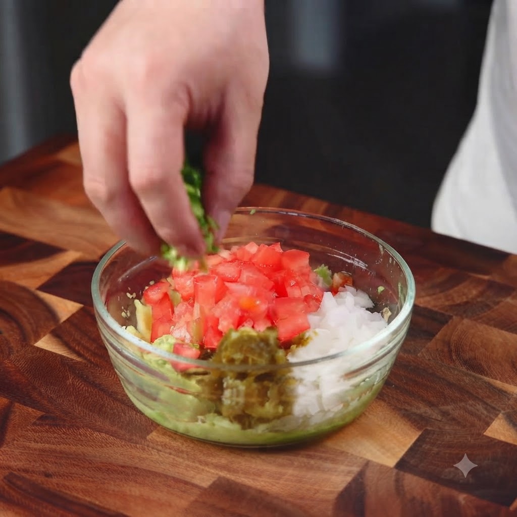 Fein gehackte Tomaten, Zwiebeln, Koriander und Jalapeños werden direkt in eine Glasschüssel mit zerdrückter Avocado gegeben.