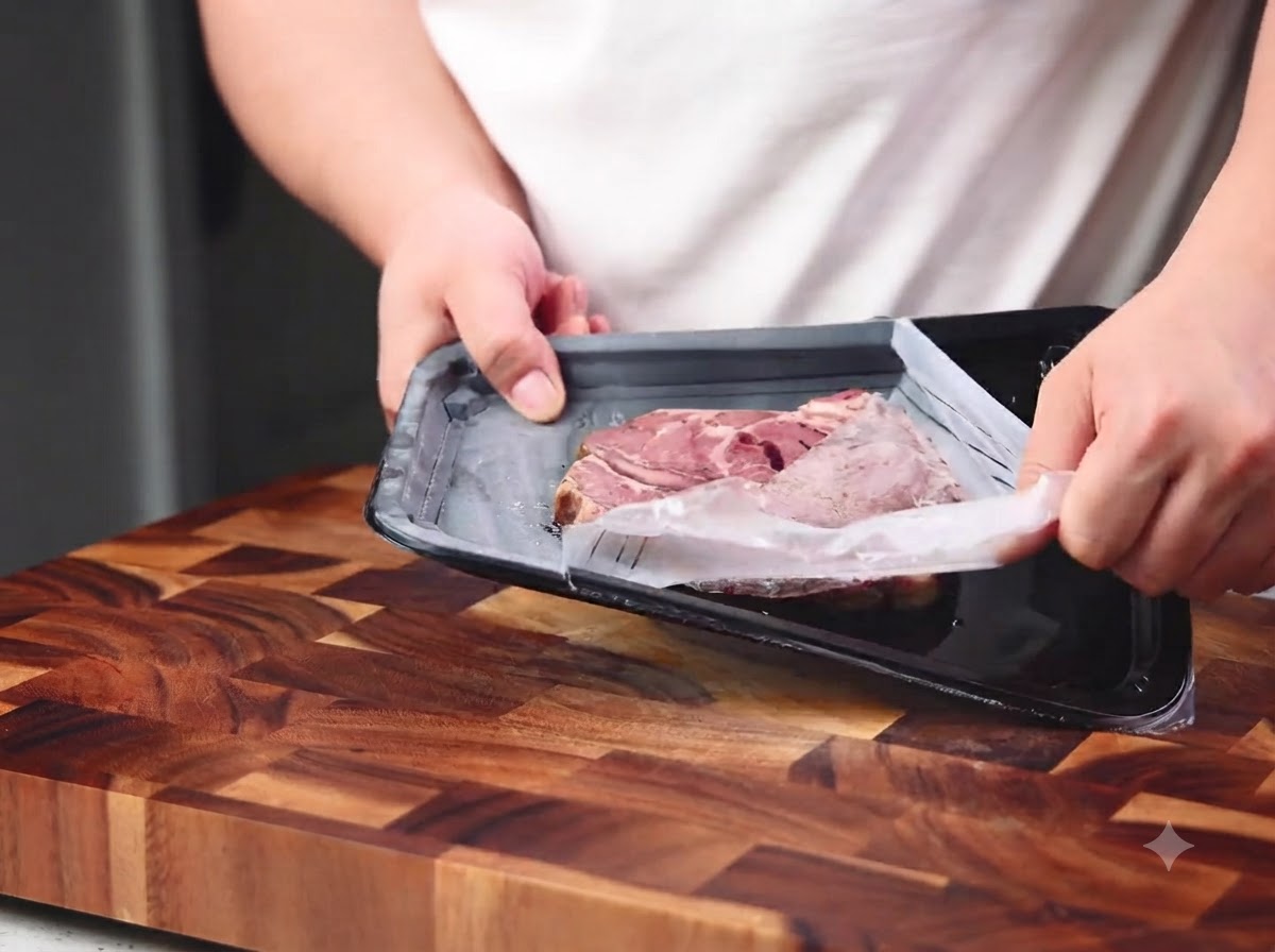 Rohes Steak in einer schwarzen Schale wird mit Salz, Pfeffer und Olivenöl gewürzt.