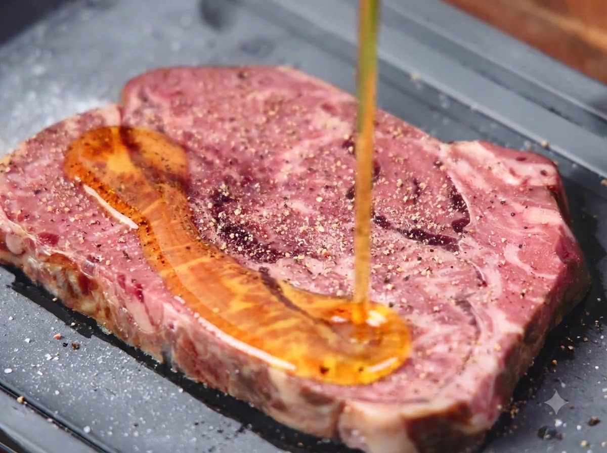 Olivenöl wird über ein rohes, gewürztes Steak auf einem Tablett gegossen.