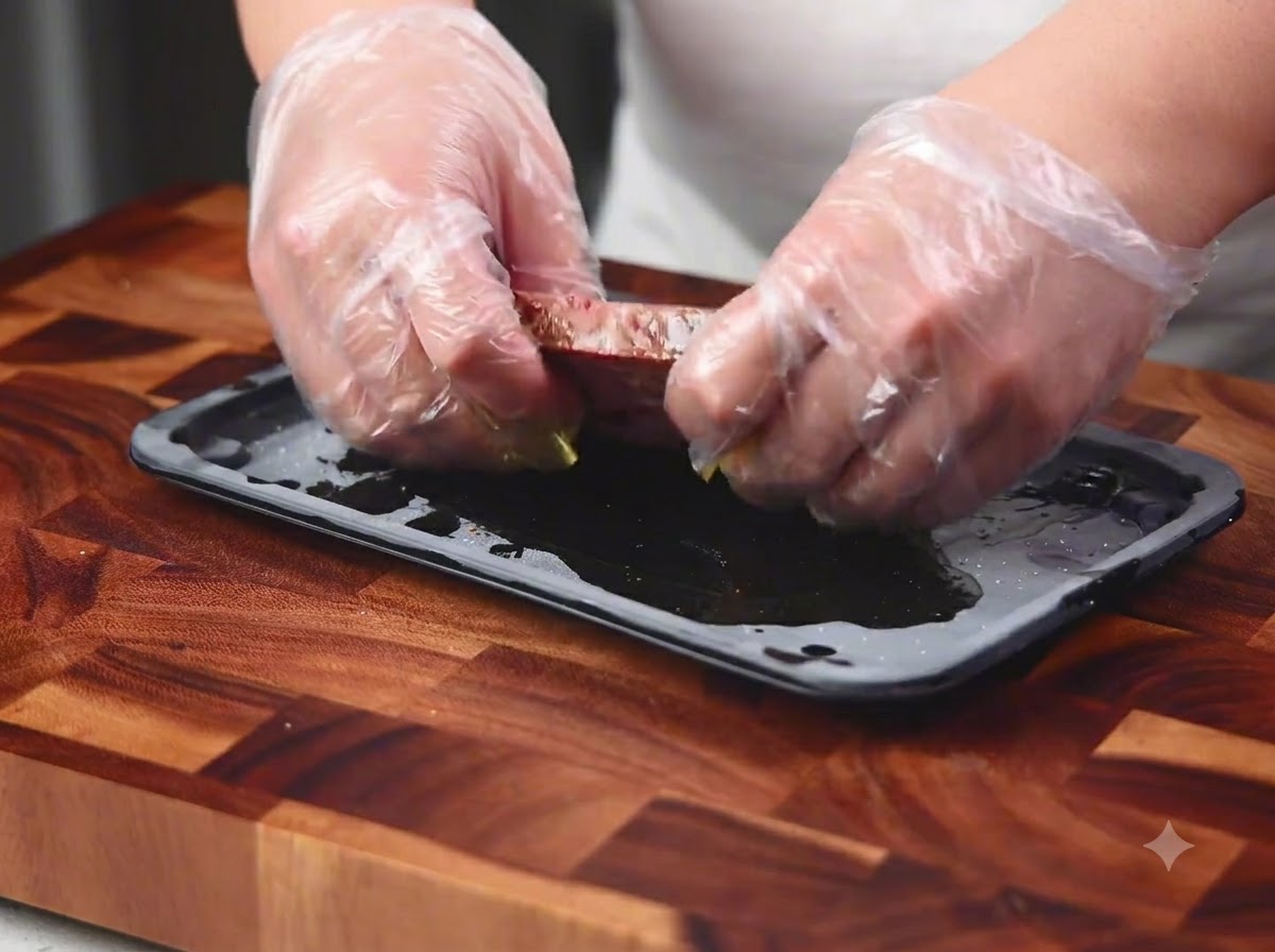 Hände mit Plastikhandschuhen reiben Öl und Gewürze in ein rohes Stück Steak auf einem dunklen Tablett ein.