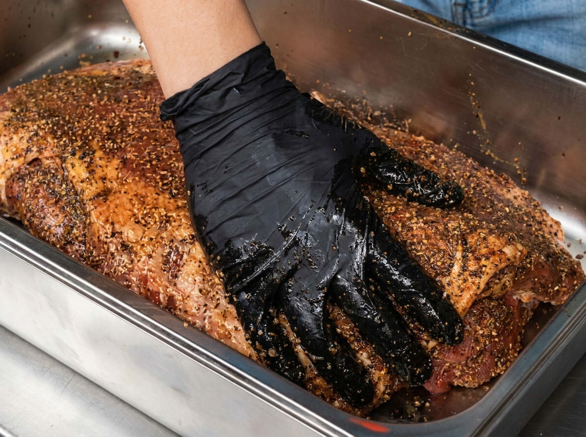 Eine be Handschuhe tragende Hand, die eine dicke Schicht Gewürze und grobe Würzung gleichmäßig auf einem großen rohen Rinderbrisket in einem Metallblech verreibt.