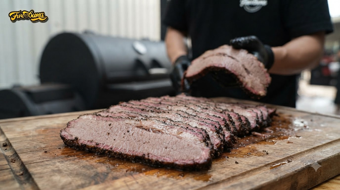 Nahaufnahme von frisch aufgeschnittenem, geräuchertem Rinderbrisket mit dunkler Pfefferkruste und saftigen, rosa Innenschichten.