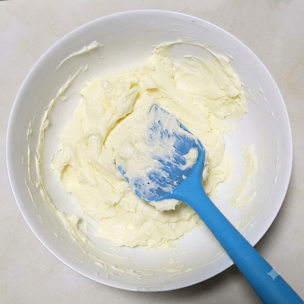 Weicher Frischkäse in einer weißen Schüssel, der mit Salz und Zucker mit einem blauen Spatel vermischt wird.