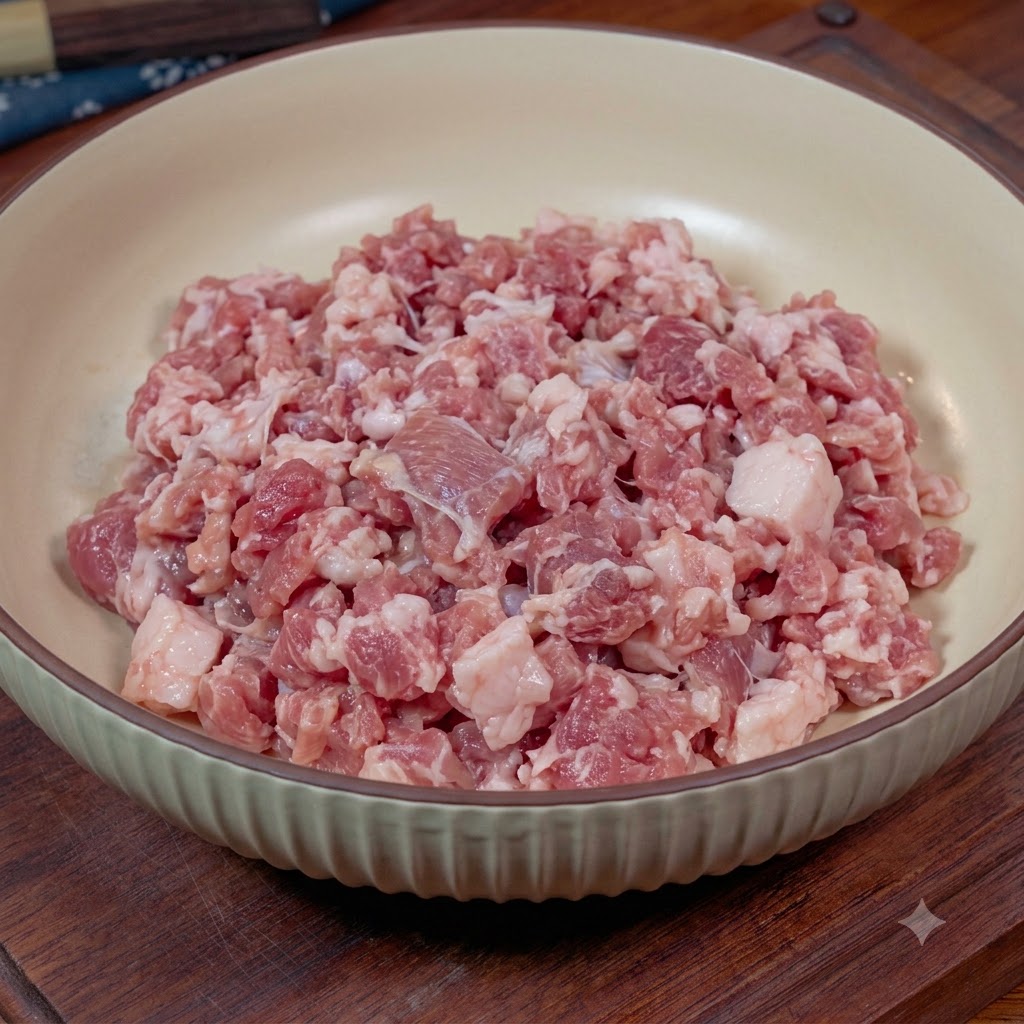 Eine Schüssel mit frischem Hackfleisch, darauf gehackte Lauchzwiebeln, Ingwer, Salz und Hühnerbouillon.