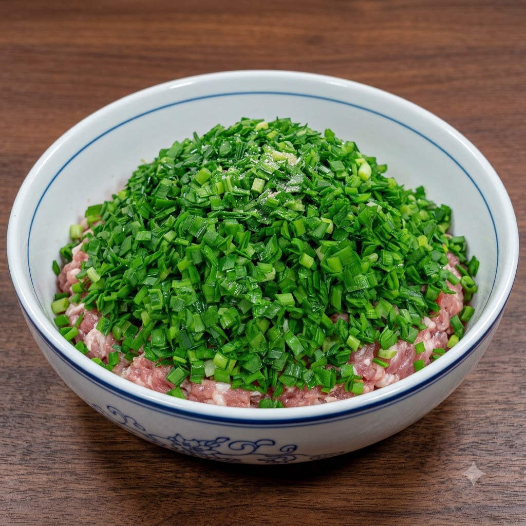 Eine große Schüssel mit einem Berg gehacktem Schnittlauch auf dem gewürzten Hackfleisch.