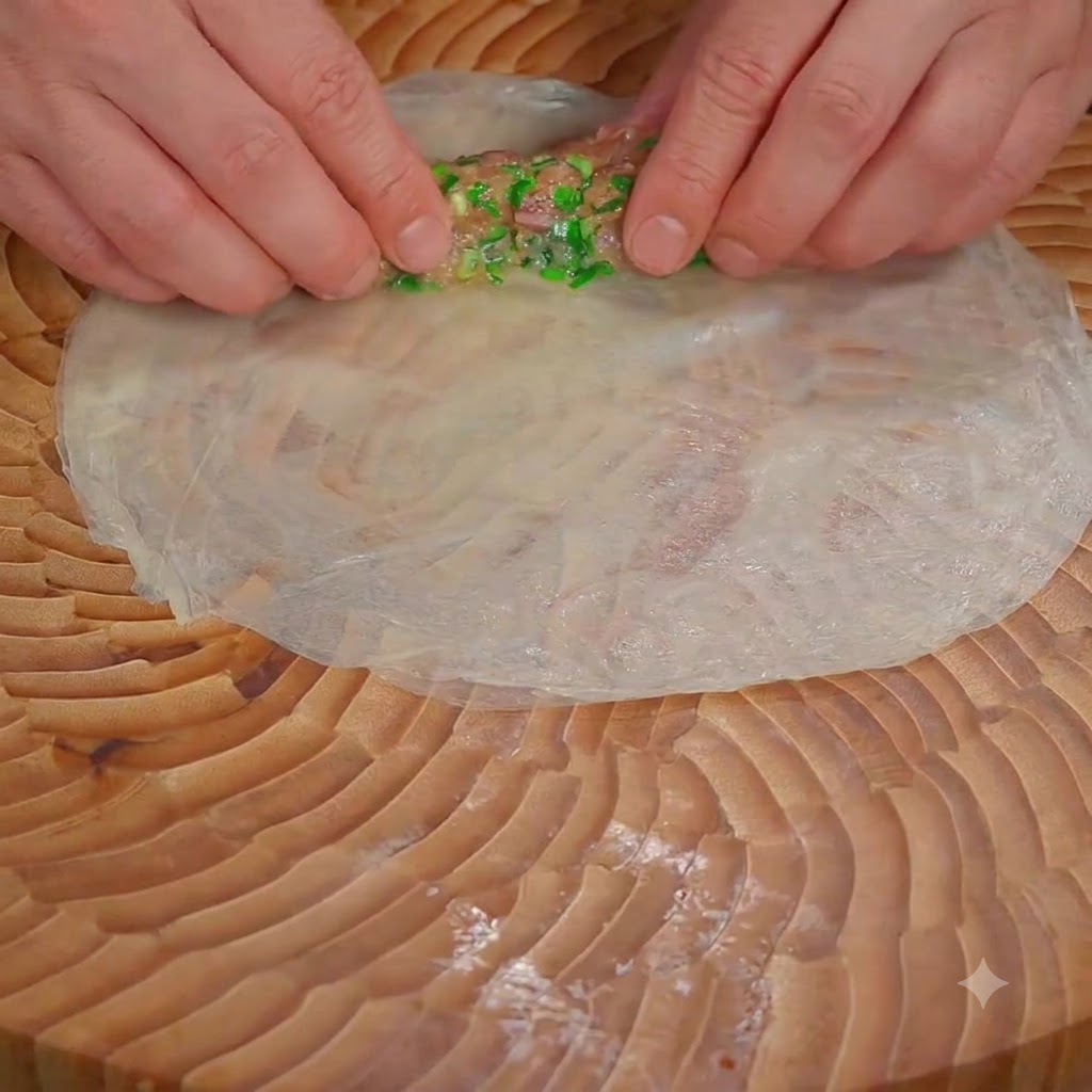 Hände rollen ein gedämpftes Teigblatt straff um eine Fleisch-Schnittlauch-Füllung auf einem Holzbrett.