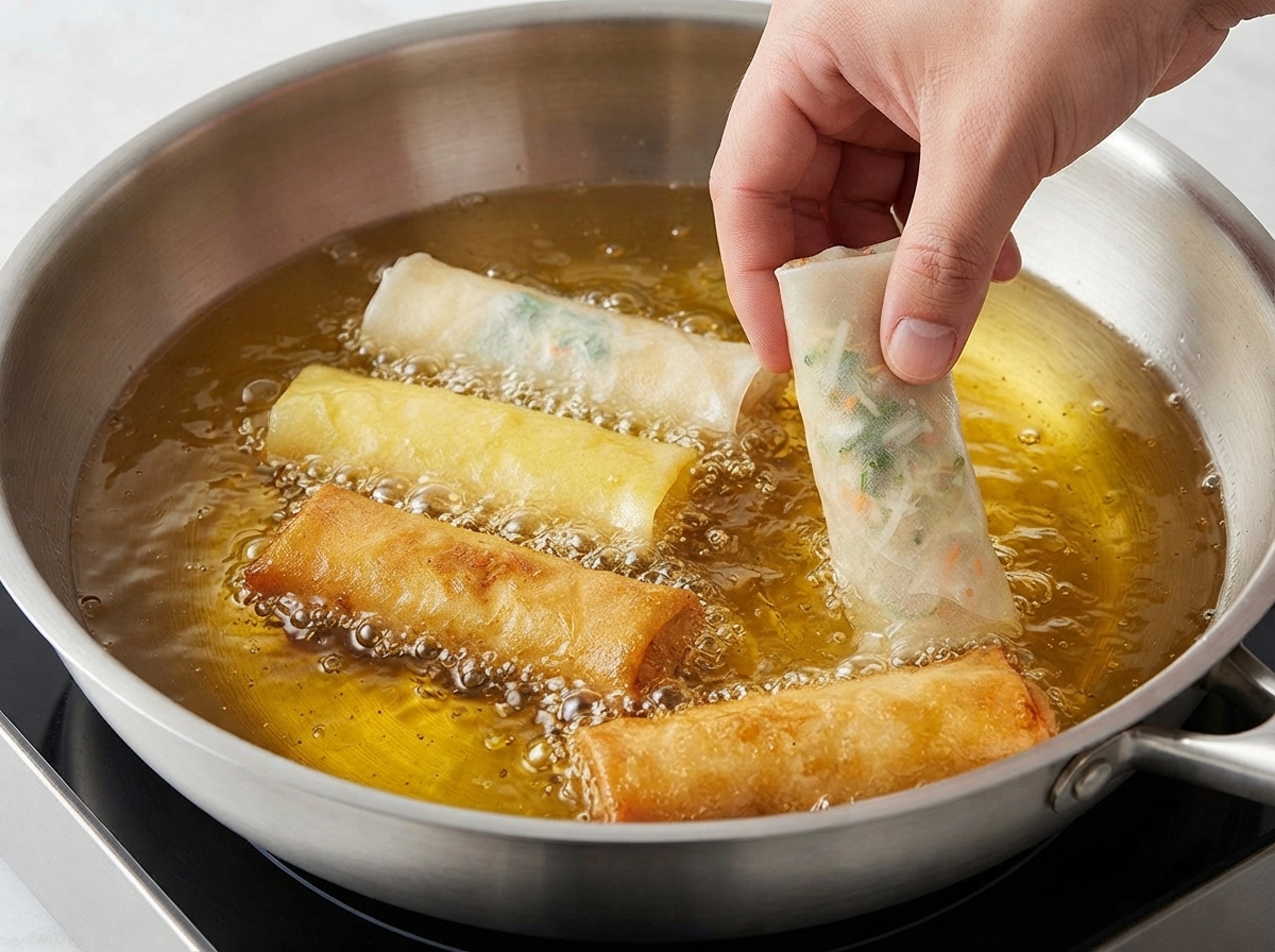 Frühlingsrollen werden in einer Pfanne mit heißen Öl frittiert, goldene und knusprige Rollen sind sichtbar.