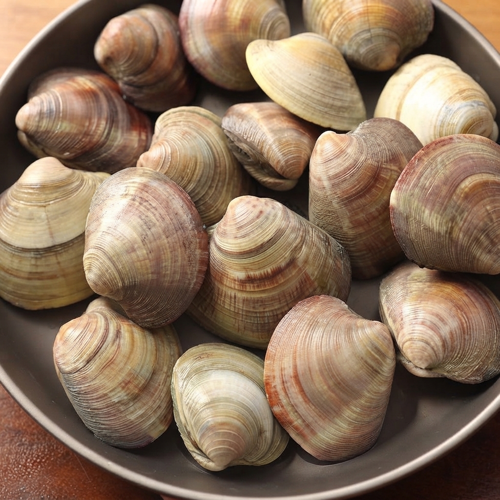 Frische amerikanische Venusmuscheln in einer dunklen Servierschale.