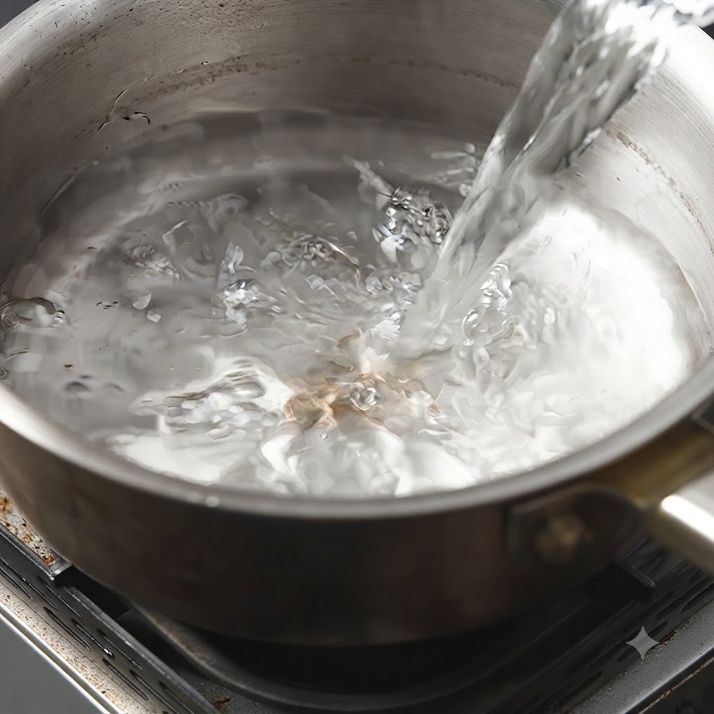 Weißwein fließt in einen mit Wasser gefüllten Topf.