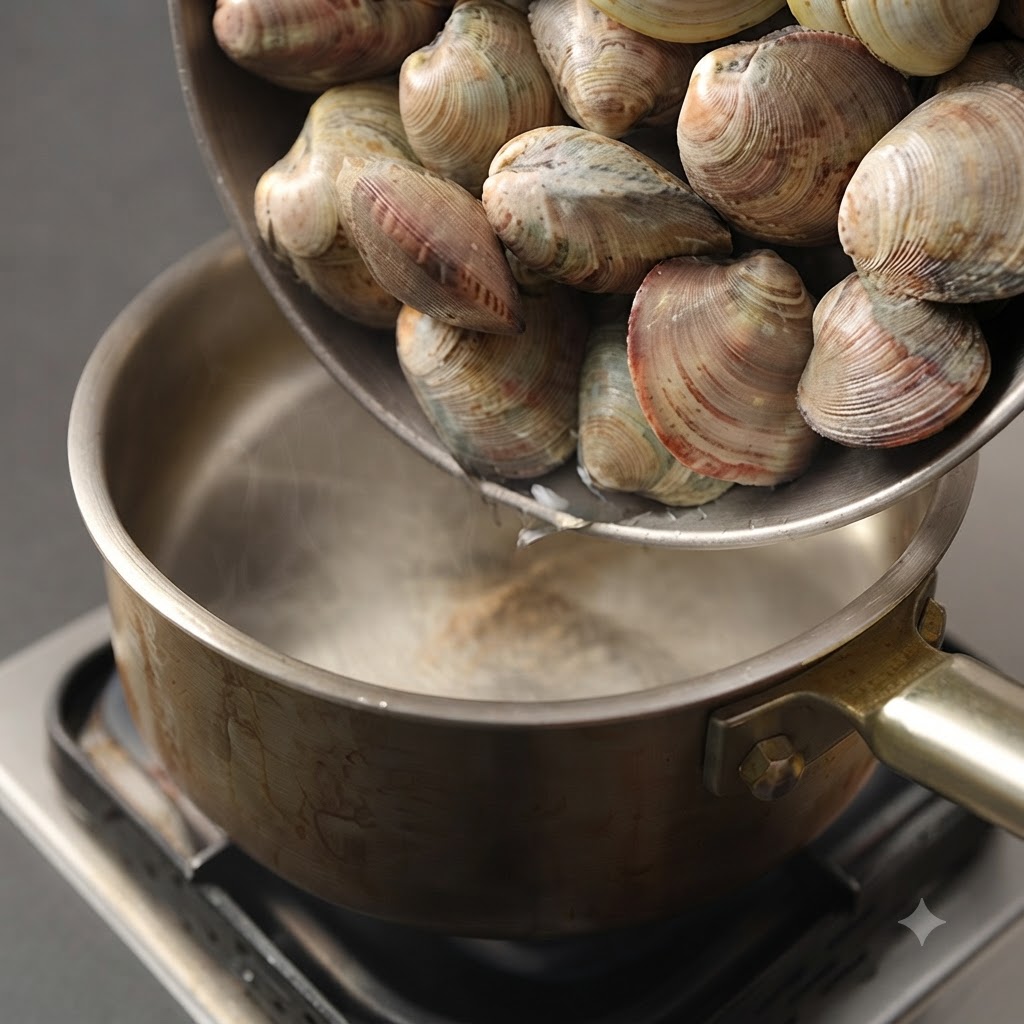 Muscheln werden von einem Teller in den Kochtopf gegossen.
