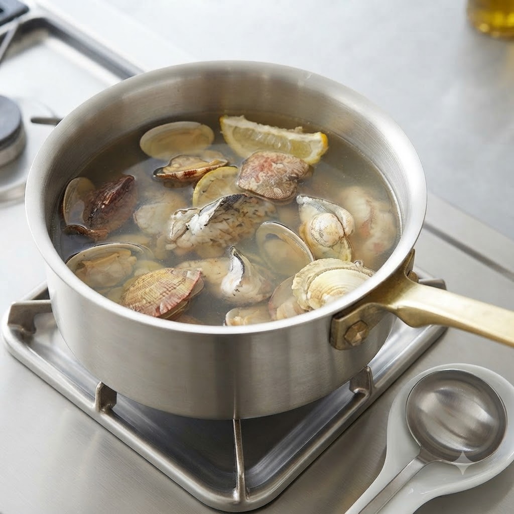 Muscheln kochen in gewürzter Brühe in einem Topf auf dem Herd.