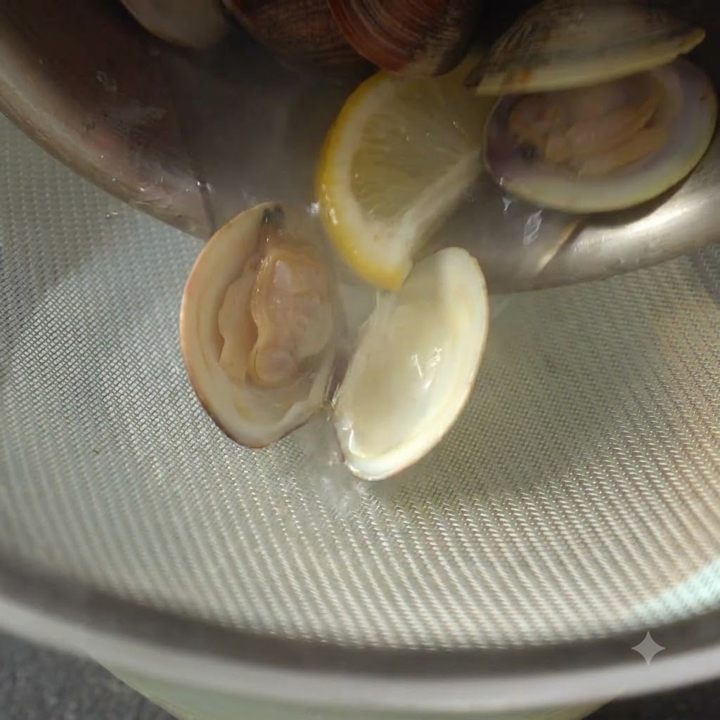 Ein Sieb mit gekochten Muscheln und einer Zitronenscheibe, während Flüssigkeit in eine Schüssel darunter fließt.