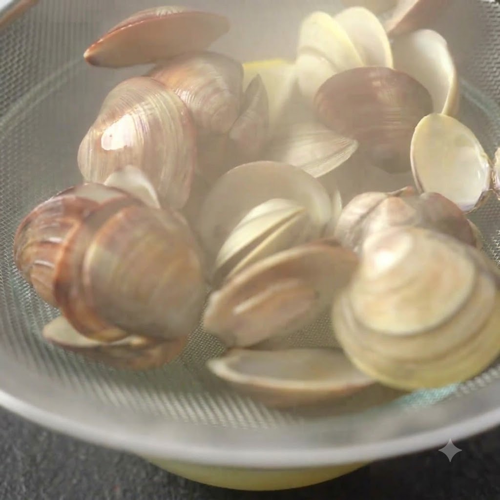 Eine Nahaufnahme der gekochten Muscheln in einem Sieb, bereit zum Herauslösen des Fleisches.