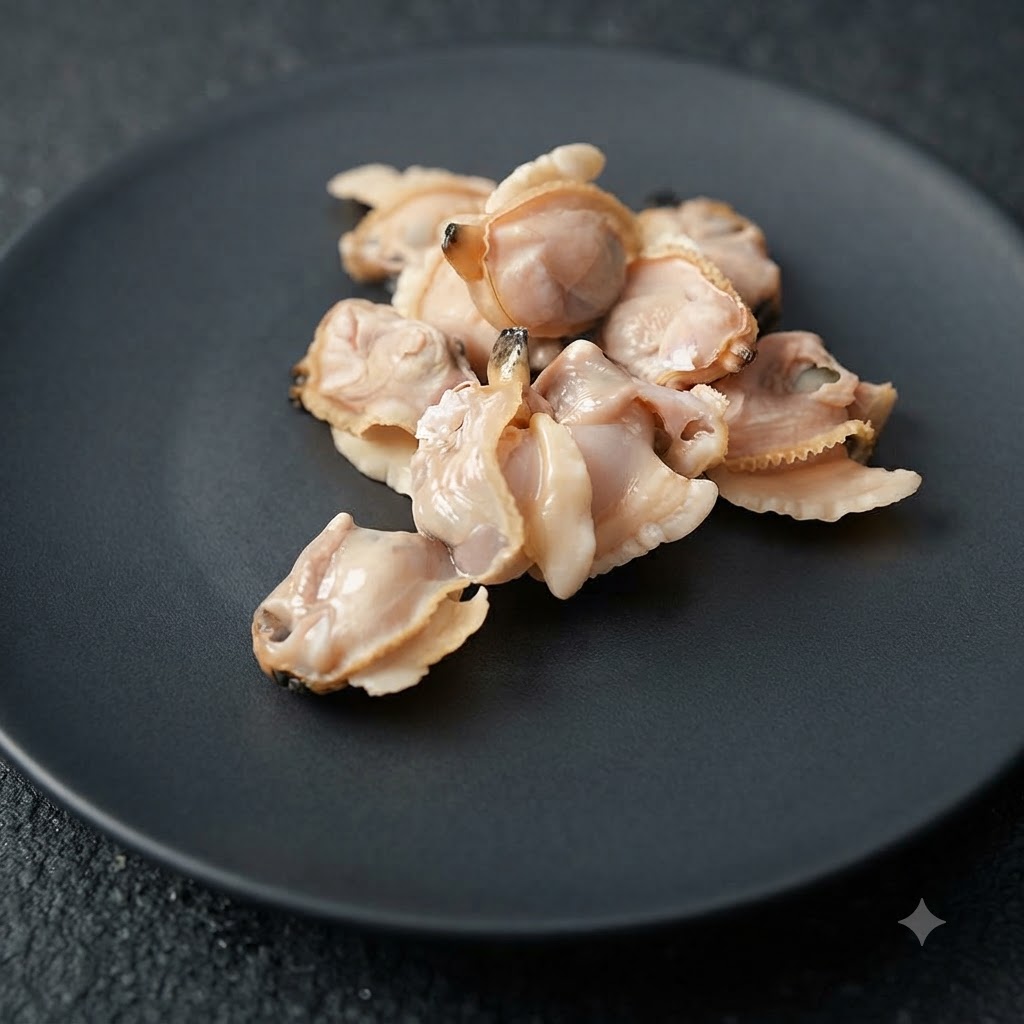Ein Haufen ausgelöstes Muschelfleisch liegt auf einem mattschwarzen Keramikteller.