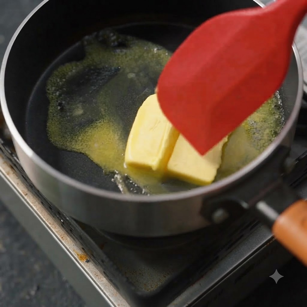 Zwei Blöcke gelbe Butter schmelzen in einer schwarzen Pfanne und werden mit einem roten Silikonspatel geführt.
