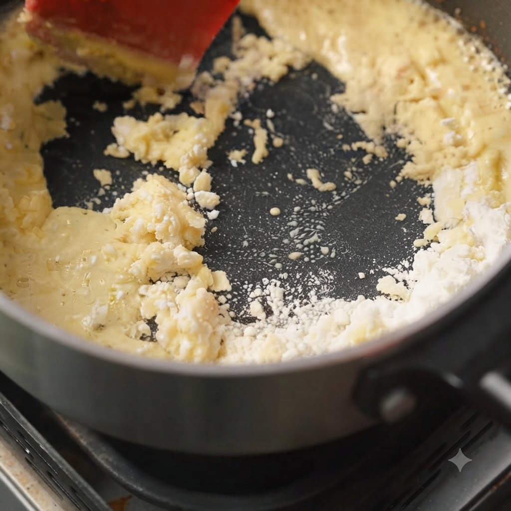 Weißes Mehl, das in geschmolzene Butter in einer Pfanne gestreut wird.