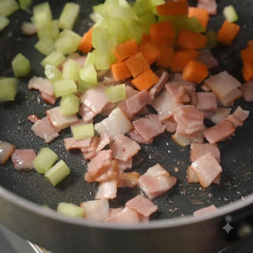 Grüne Sellerie- und orangefarbene Karottenwürfel mit Speck vermischt, während sich die Flüssigkeit in der Pfanne verbindet.