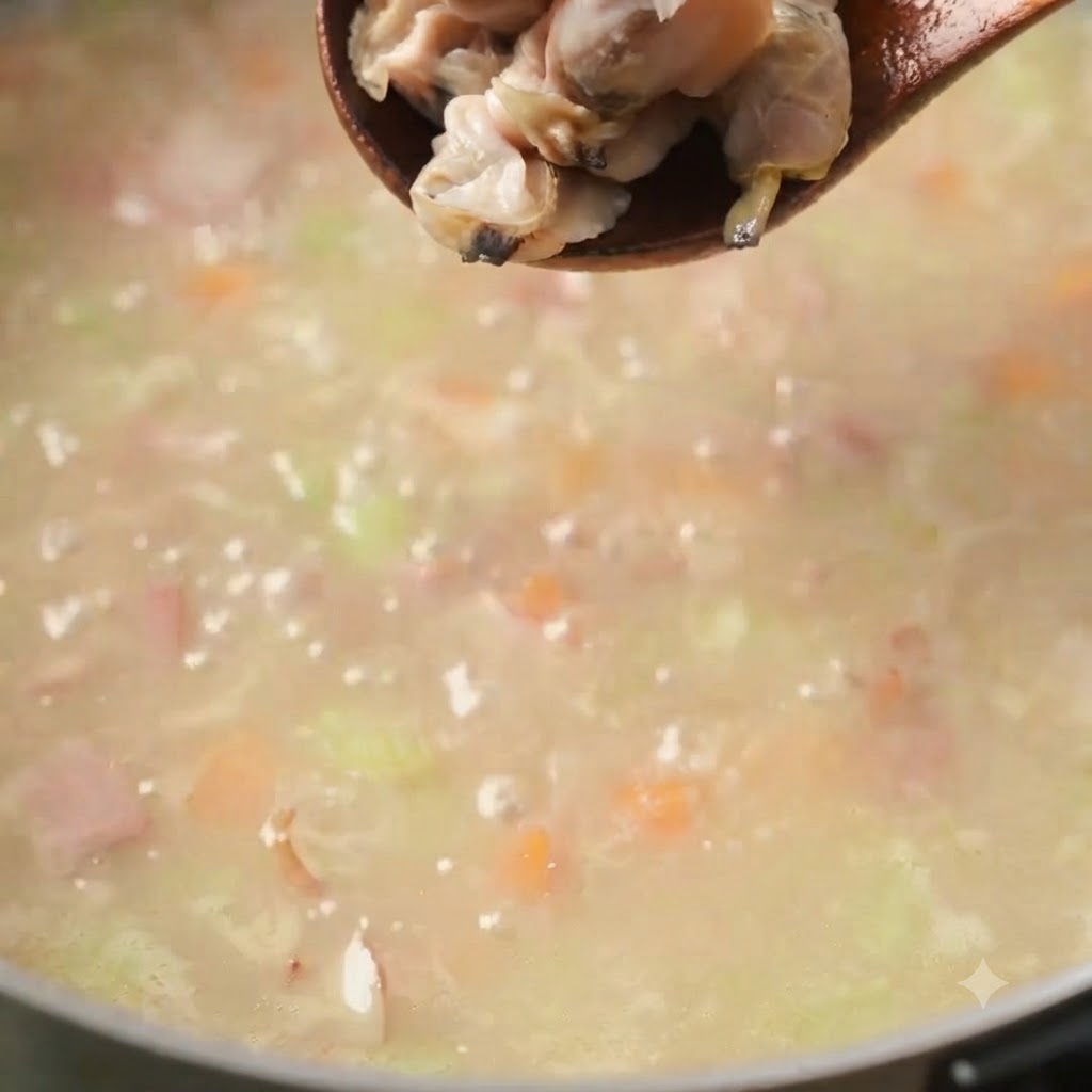 Ein Holzlöffel lässt zartes Muschelfleisch in einen blubbernden, cremigen Topf mit Chowder fallen.