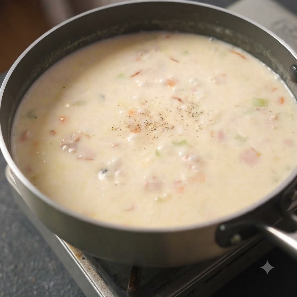 Cremige Chowder wird gründlich in einem Kochtopf gerührt.
