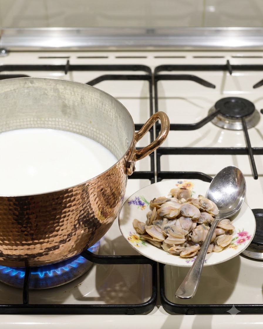 Muschelfleisch wird mit einem Löffel in einen Milchtopf gegeben.