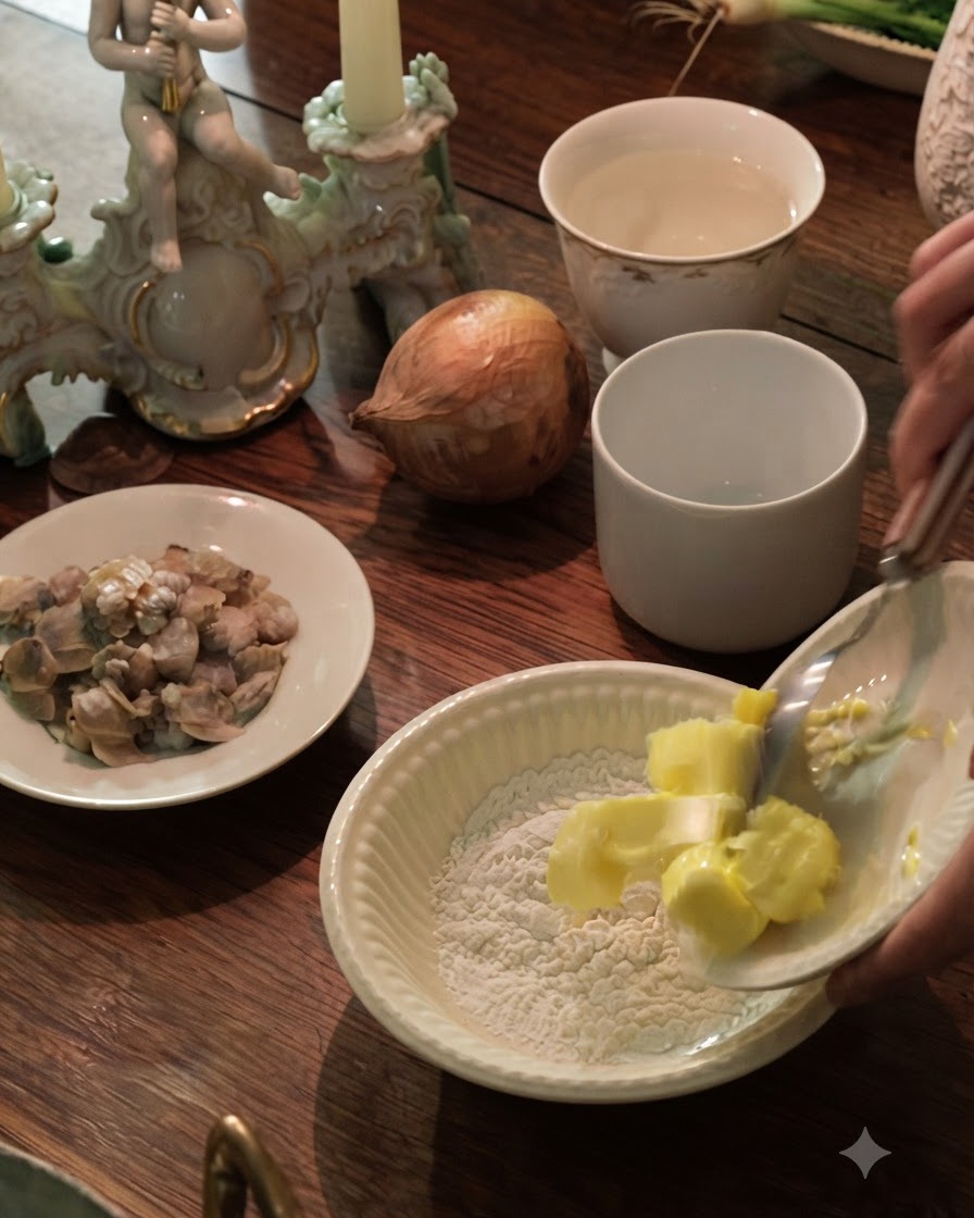 Butter und Mehl werden in einer Schüssel vermischt.
