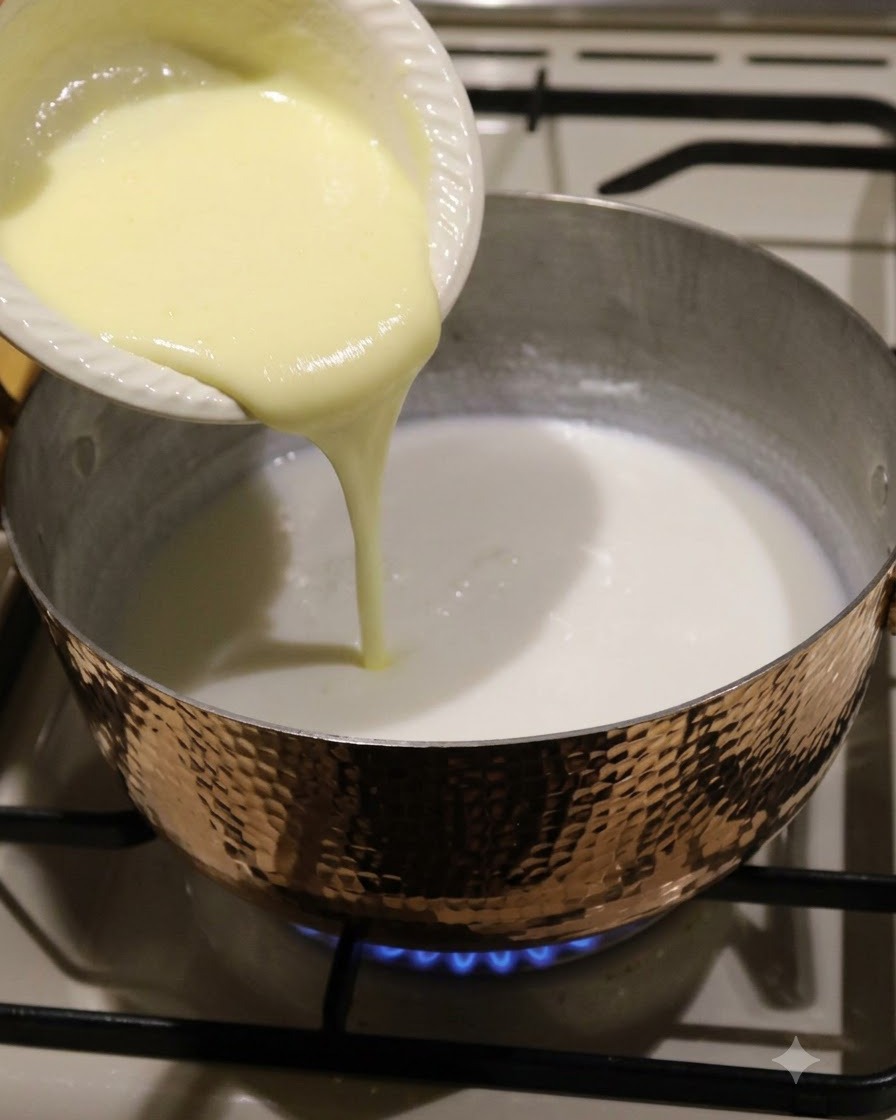 Creme wird in eine weiße Flüssigkeit im Topf gegossen.