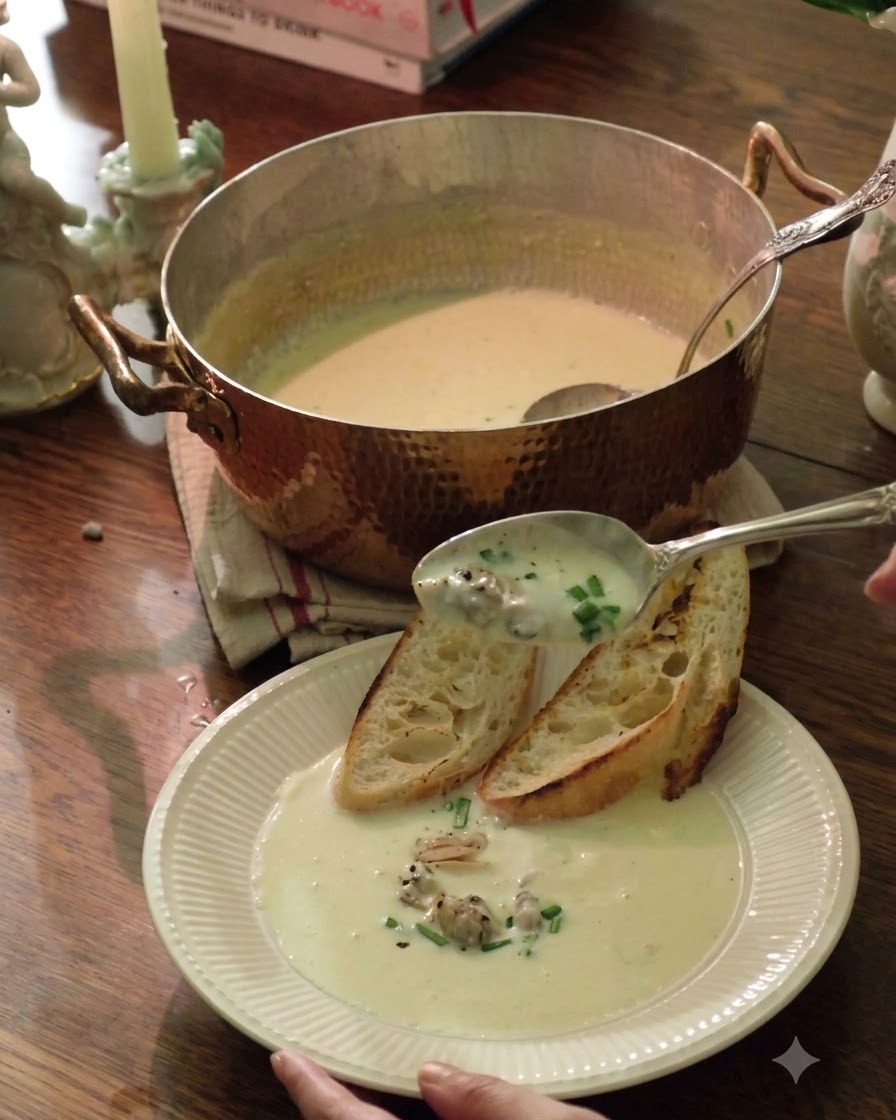 Cremige Chowder wird mit Brot und Kräutern serviert.