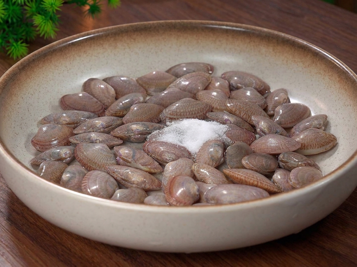 Frische Venusmuscheln in einer Schüssel mit Wasser und darauf gestreutem Salz.