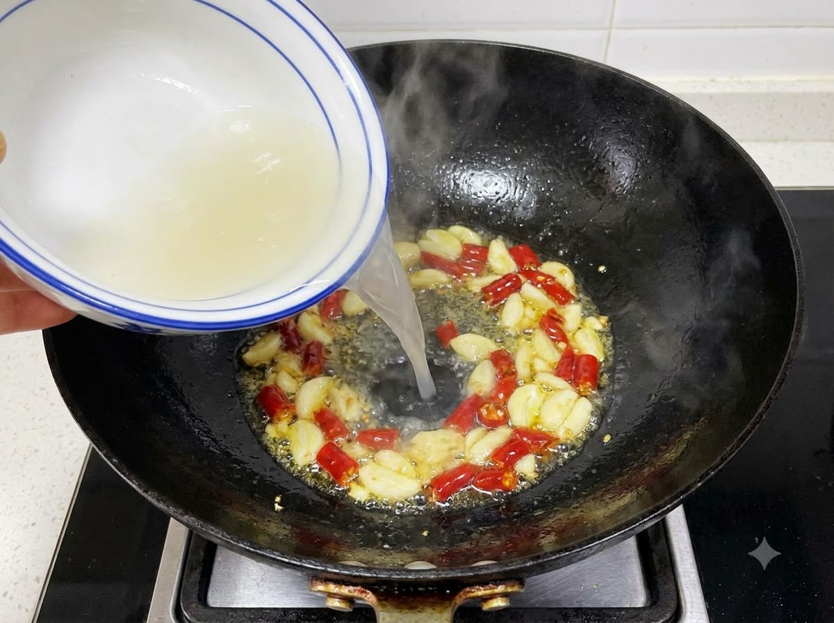Flüssigkeit wird in einen Wok mit gebratenem Knoblauch und Chilis gegossen.