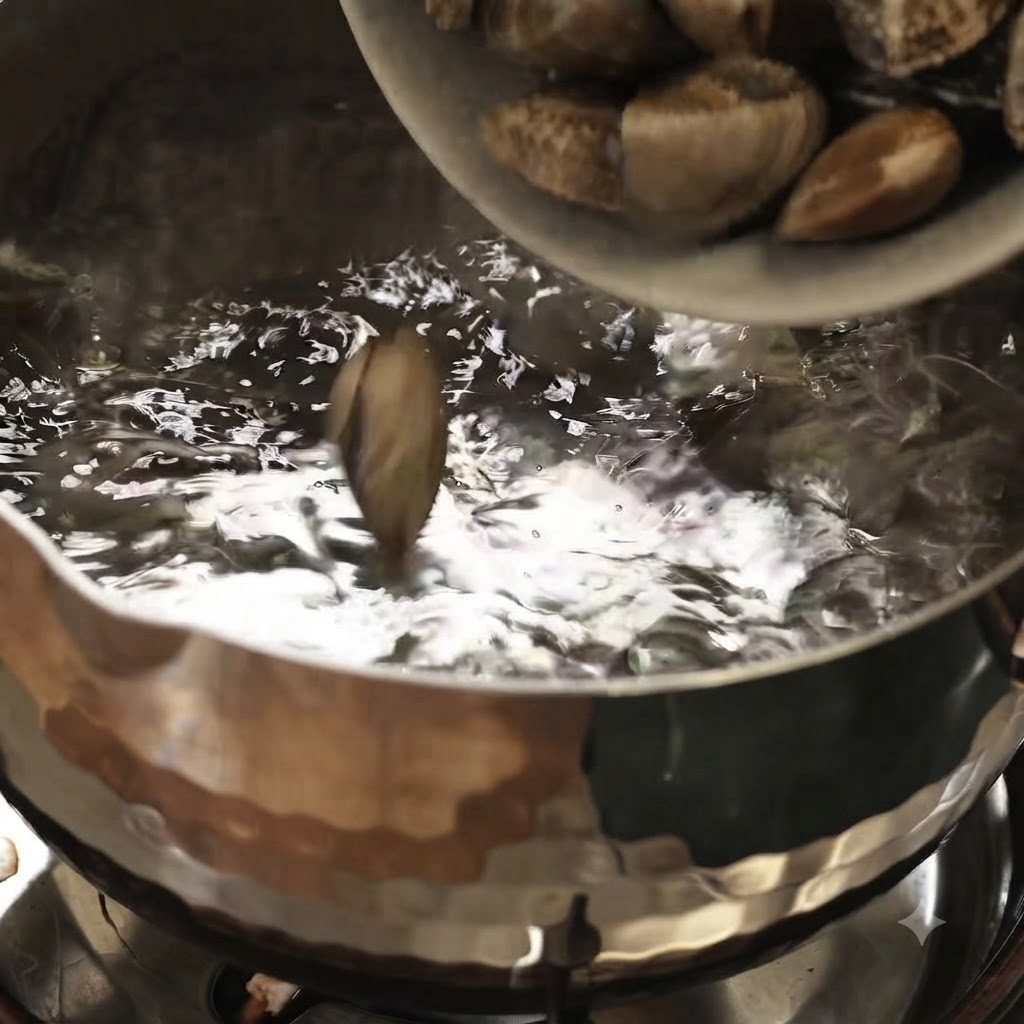 Frische Muscheln werden in einen Topf mit kochendem Wasser auf einem Herd geschüttet.