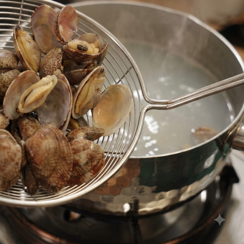 Muschelschalen und Fleisch werden mit einem Schaumlöffel aus dem kochenden Wasser geschöpft.