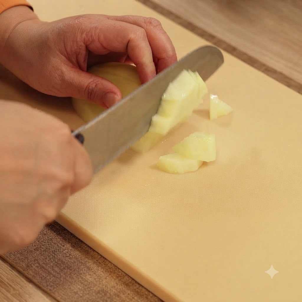 Ein Küchenmesser schneidet eine Kartoffel auf einem beige Schneidebrett in kleine Würfel.