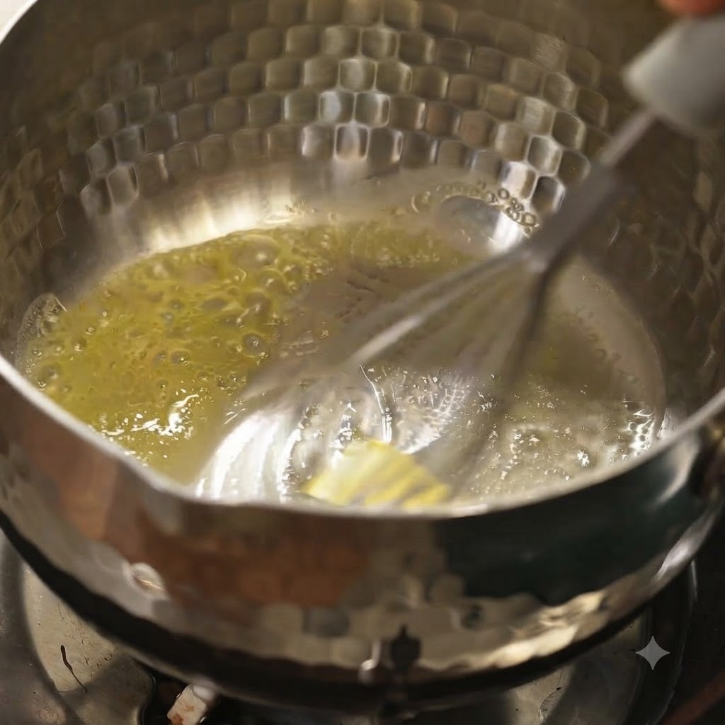 Butter schmilzt in einem Metalltopf und wird glattgerührt.