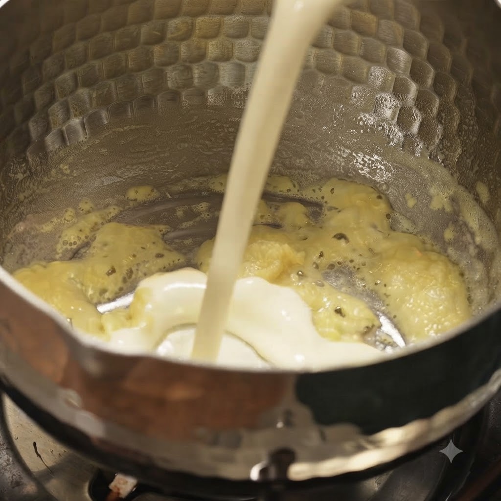 Milch wird in einen Topf mit einer gekochten Butter-Mehl-Roux gegossen.