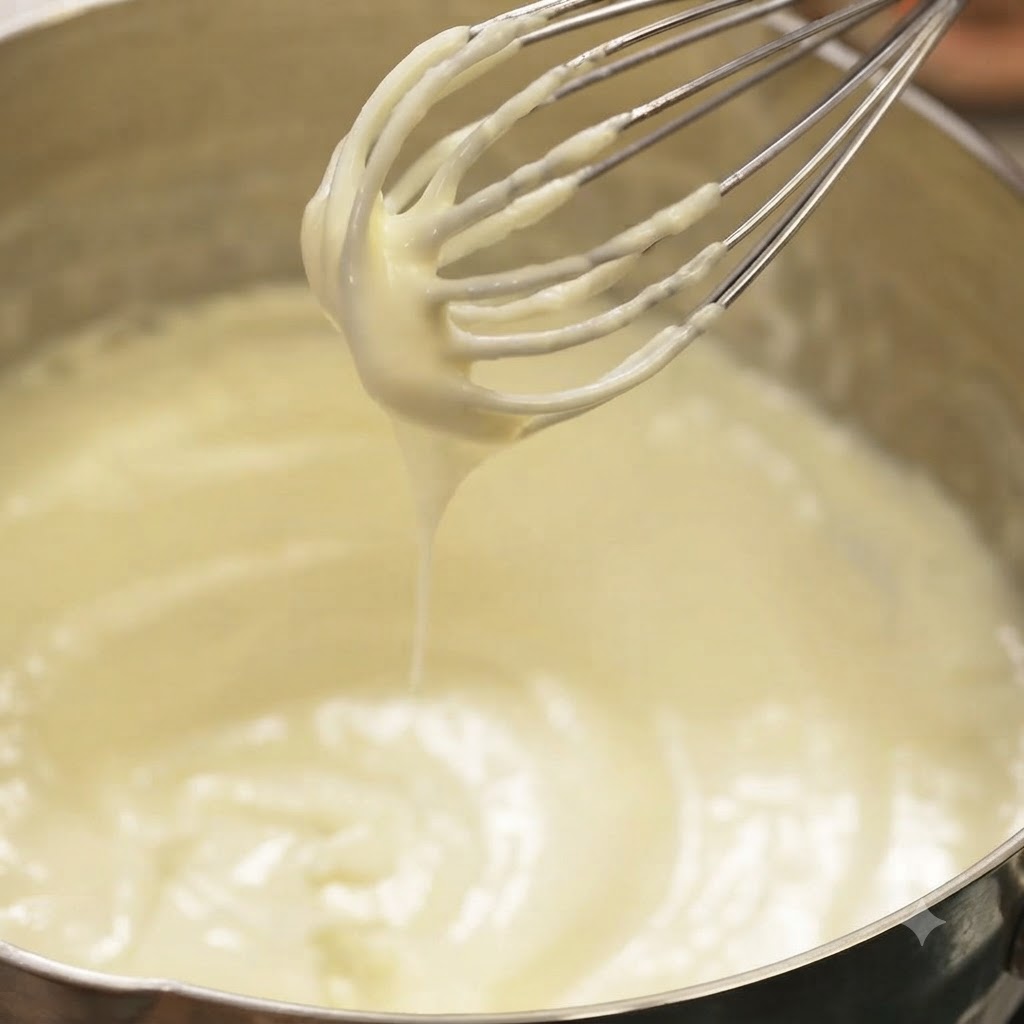 Ein Schneebesen mit dicker, glatter weißer Sahnesauce wird über einem Topf gehalten.
