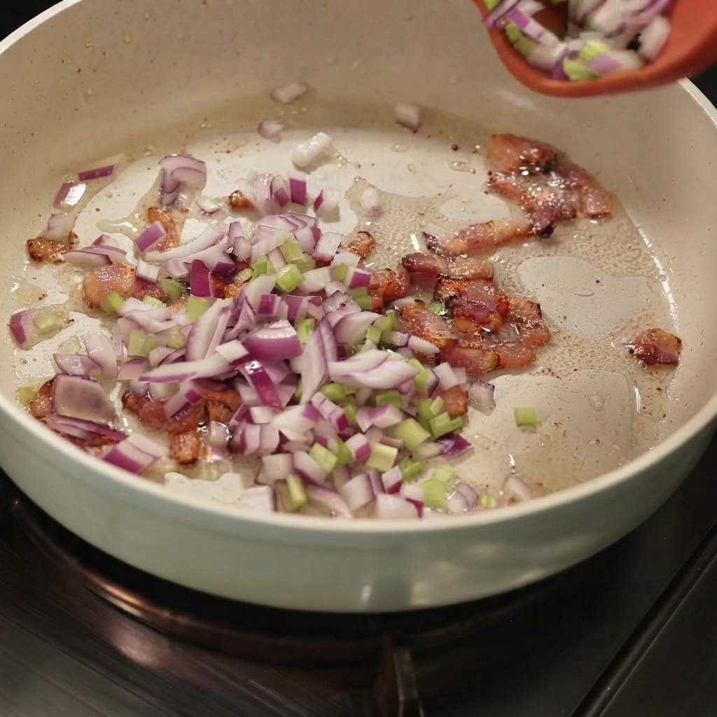 Gewürfelte rote Zwiebeln, Sellerie und Kartoffeln werden in eine Pfanne mit gebratenen Baconstückchen gegeben.