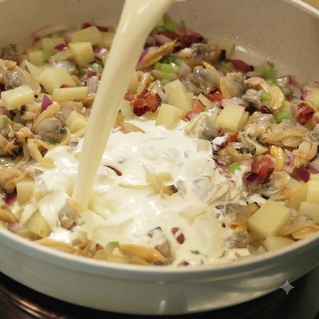Milch und flüssige Sahne werden aus einem Messbecher in eine Pfanne mit sautiertem Gemüse, Bacon und Muscheln gegossen.