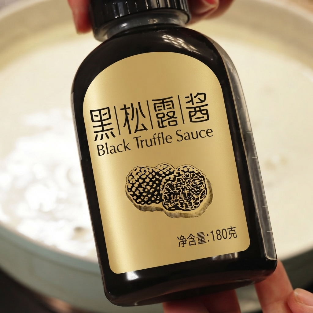 Eine Flasche mit der Aufschrift Schwarze Trüffelsauce wird über einen Topf mit cremiger Suppe gehalten.