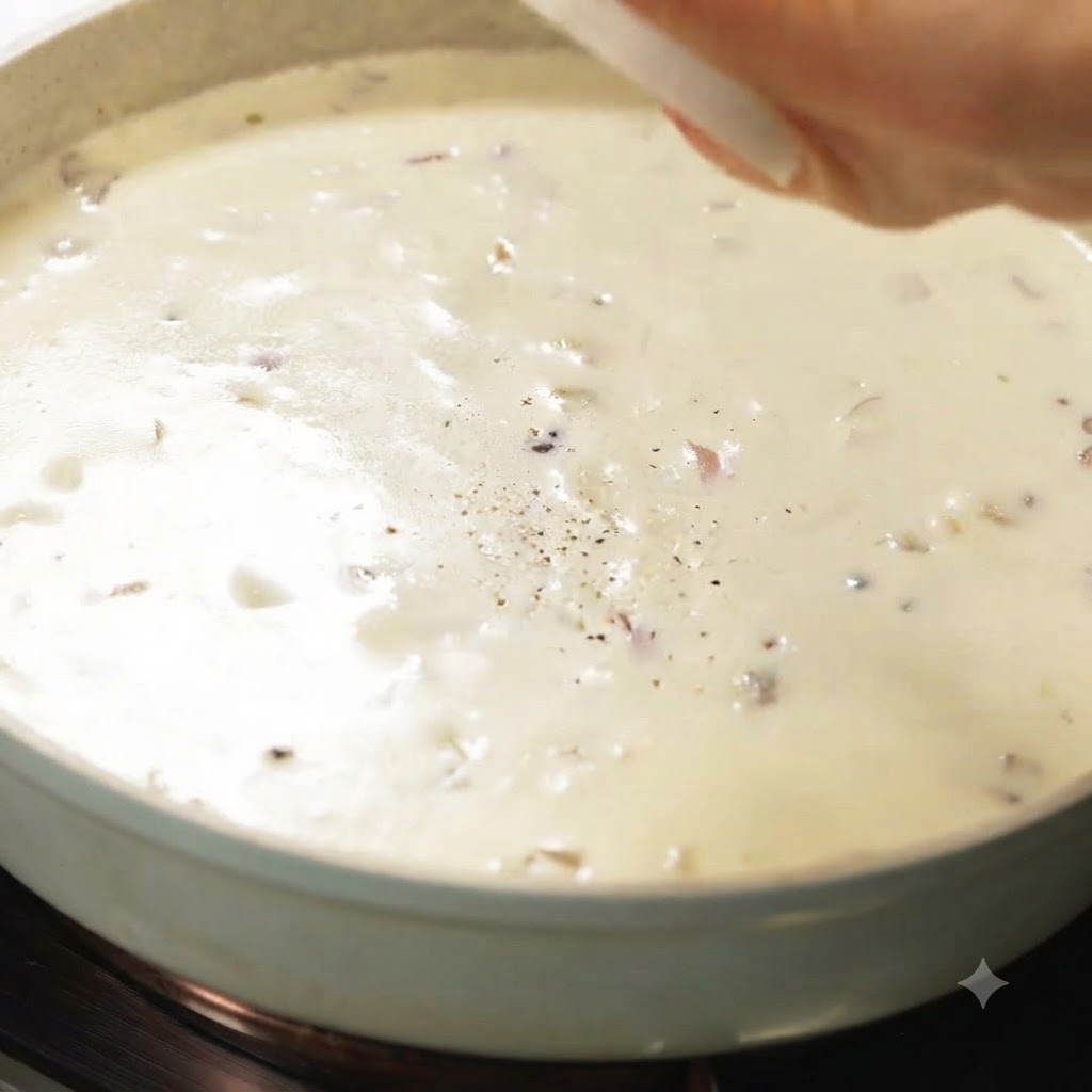 Schwarzer Pfeffer und Meersalz werden auf einen köchelnden Topf mit cremiger Suppe gestreut.