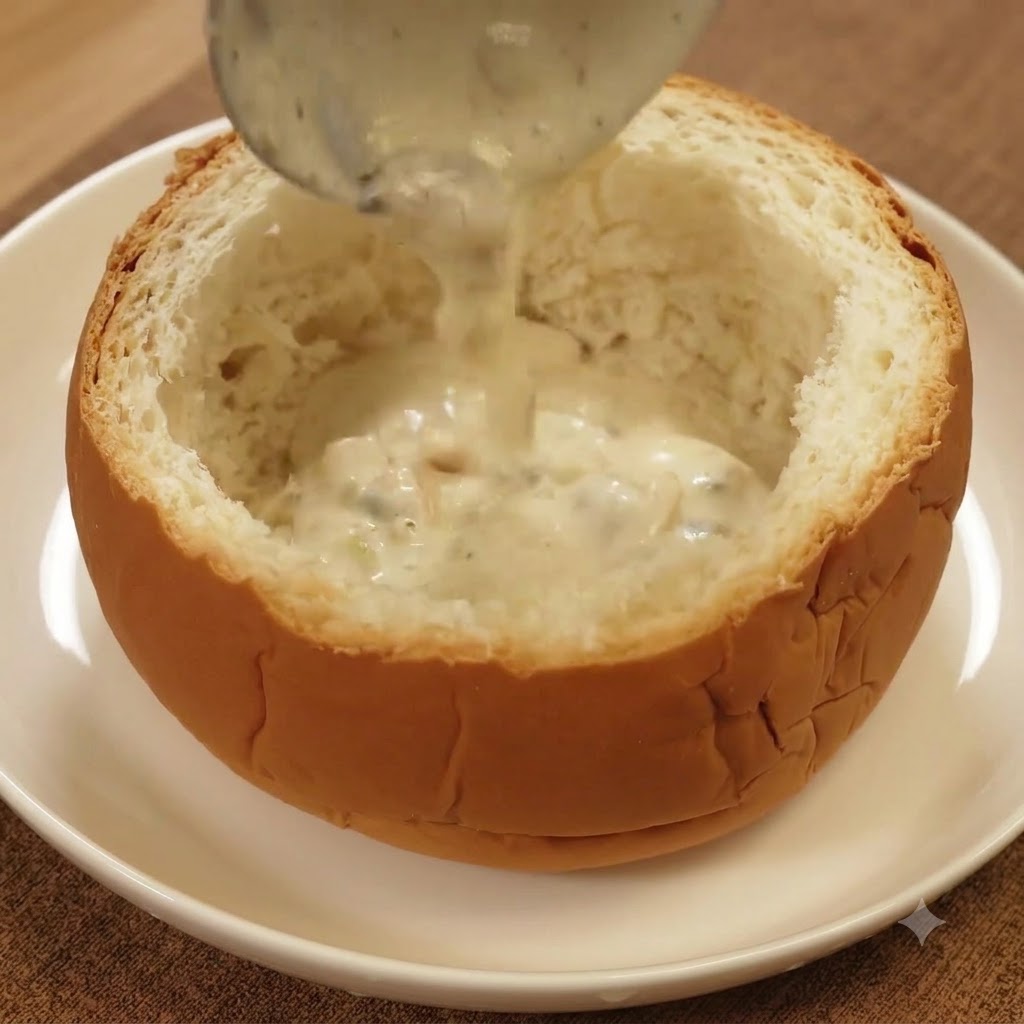 Dicke, cremige Clam-Chowder wird in einen ausgehöhlten Brotlaib geschöpft, der auf einem weißen Teller steht.