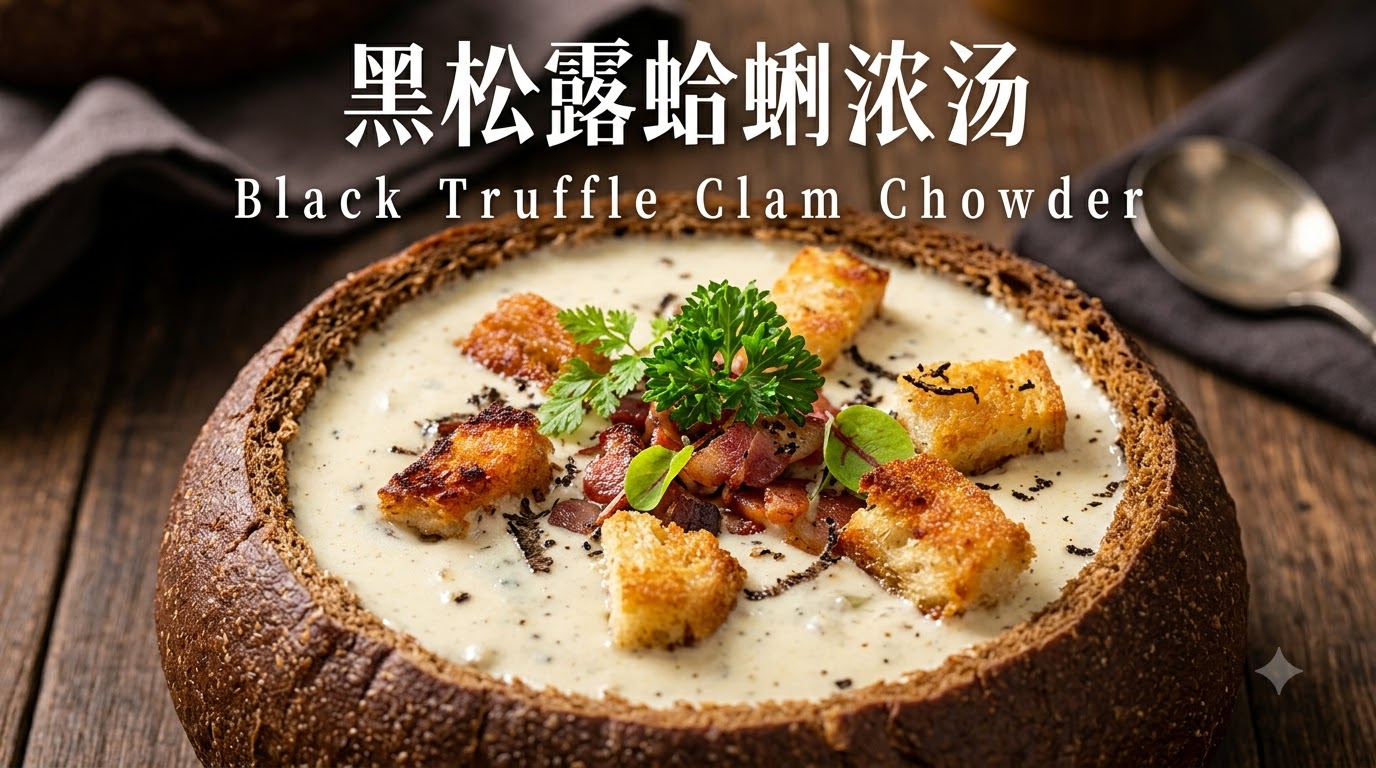 Schwarze Trüffel-Clam-Chowder im Brotlaib