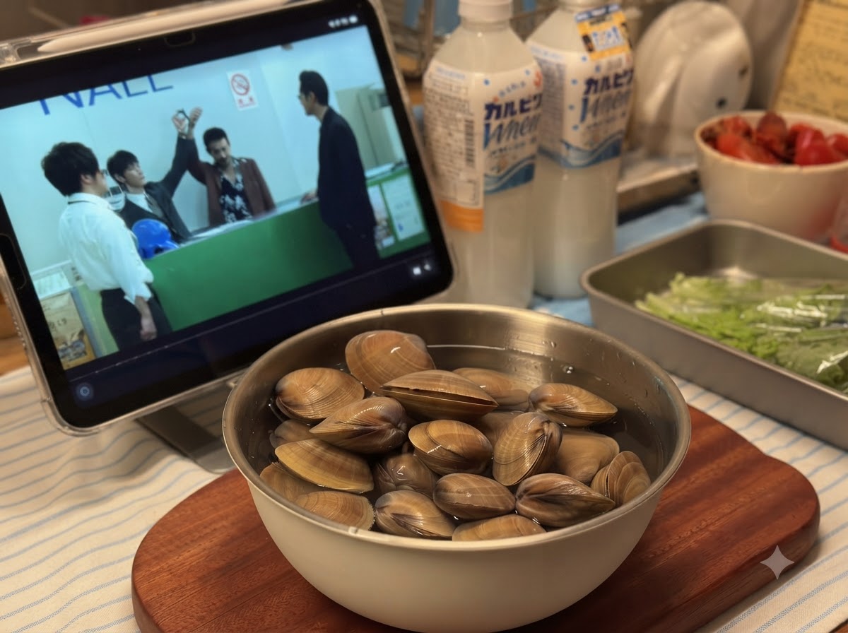 Eine Metallschüssel mit Wasser und einweichenden Muscheln auf einem Holzbrett.
