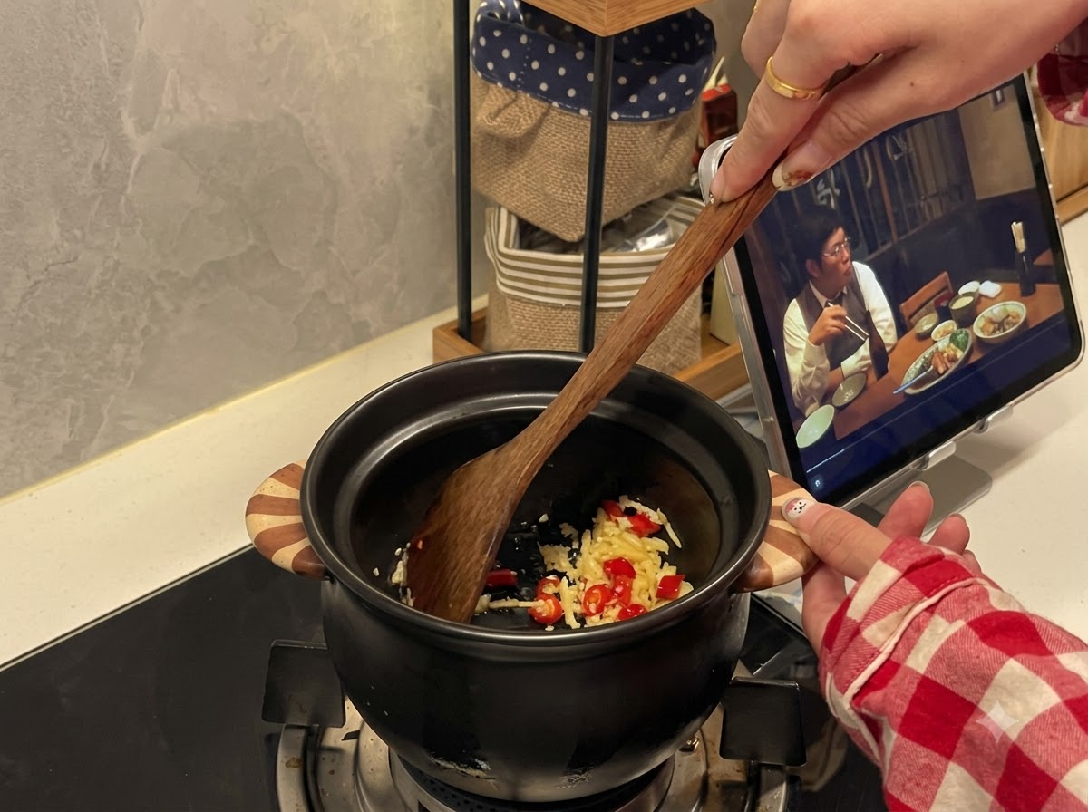 Ein Holzlöffel rührt gehackten Knoblauch und Chilischoten in einem schwarzen Keramiktopf auf dem Herd um.