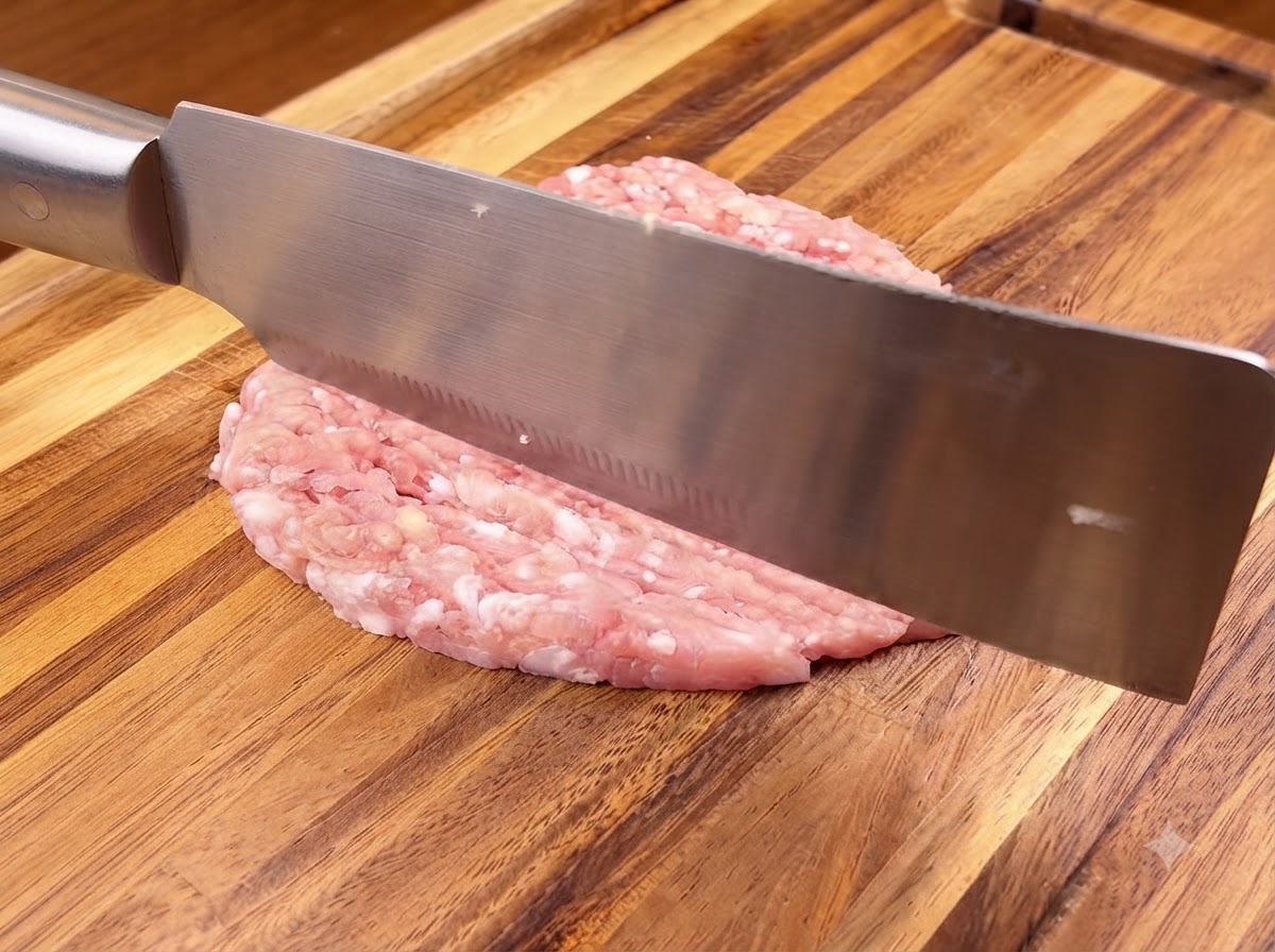 Ein scharfes Beil hackt frisches Schweinefleisch auf einem Holzschneidebrett.