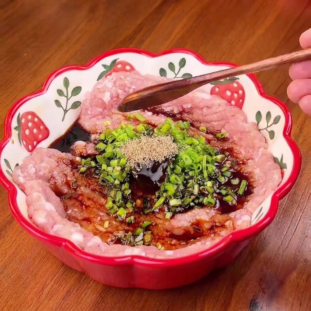 Mit Handschuhen bedeckte Hände mischen Hackfleisch mit Gewürzen und Frühlingszwiebeln in einer Schüssel mit einem Holzlöffel.