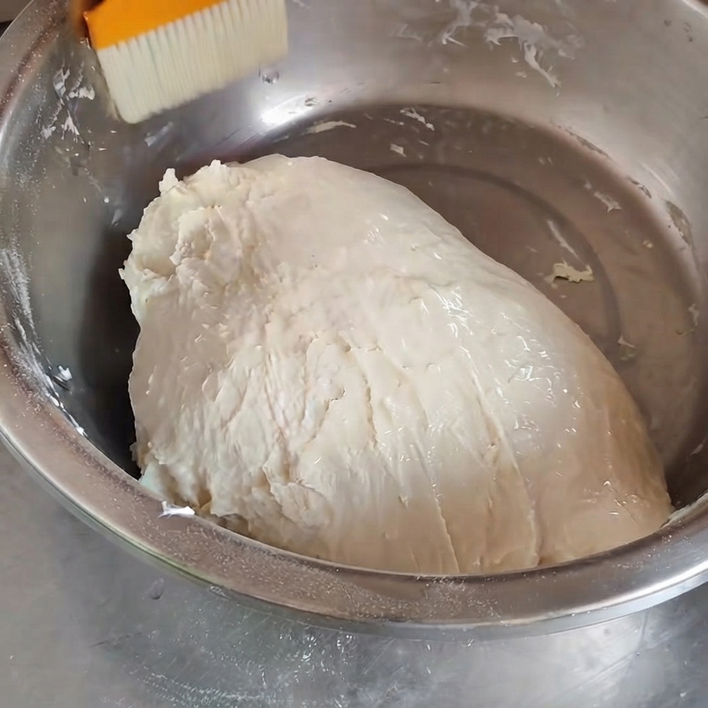 Ein orangefarbener Pinsel trägt Salatöl auf eine Teigkugel in einer Schüssel auf.